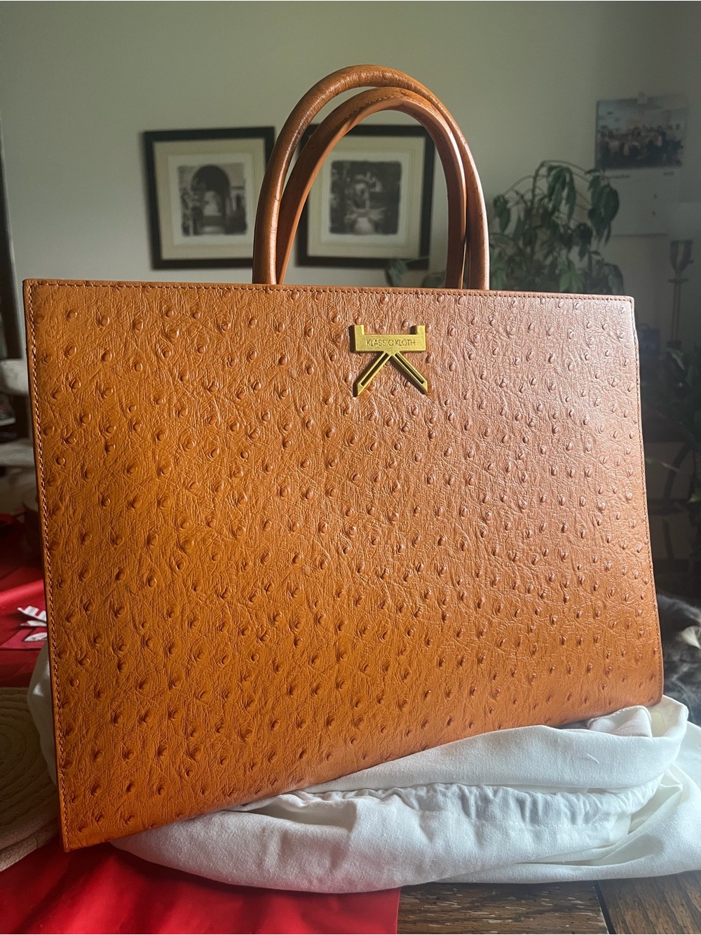 Structured Faux-Ostrich Satchel in Cognac by